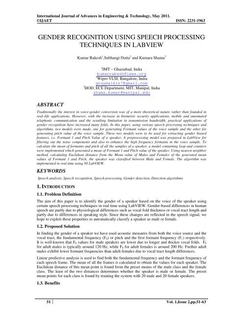 gender recognition using speech processing techniques in ... - IJAET