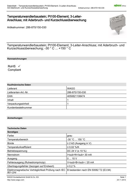 Temperaturwandlerbaustein; Pt100-Element; 3-Leiter- Anschluss ...