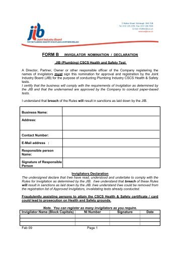 FORM B INVIGILATOR NOMINATION / DECLARATION JIB (Plumbing)