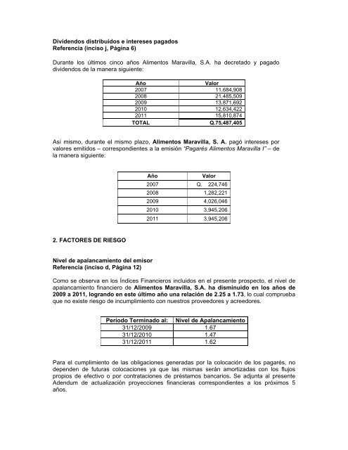 pagares alimentos maravilla i - Bolsa de Valores Nacional