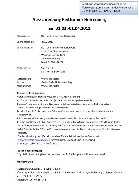 Ausschreibung Reitturnier Herrenberg am 31.03.-01.04.2012