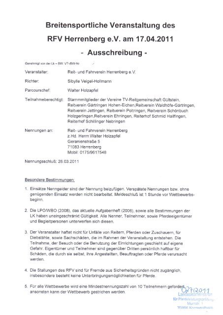 Ausschreibung - - Reit- und Fahrverein Herrenberg