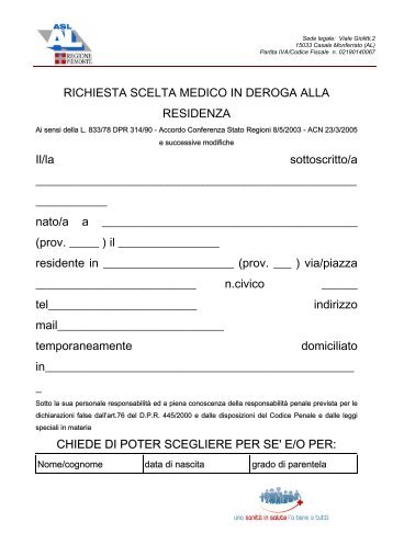 Richiesta scelta medico in deroga alla residenza - ASL AL