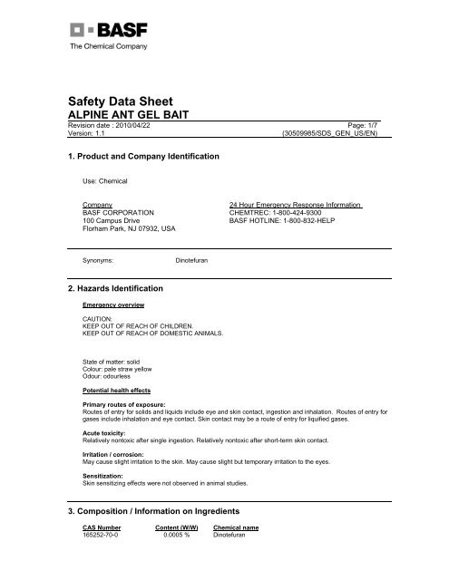 Alpine® Ant Gel Bait MSDS - BASF Pest Control Solutions - BASF ...