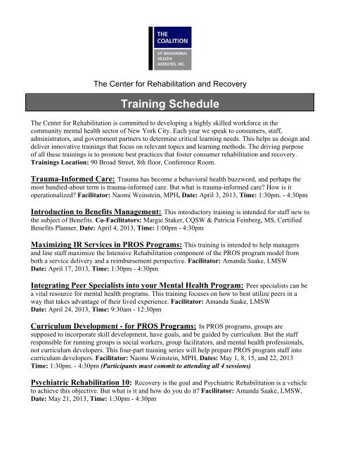 Training Schedule - The Coalition of Behavioral Health Agencies, Inc.