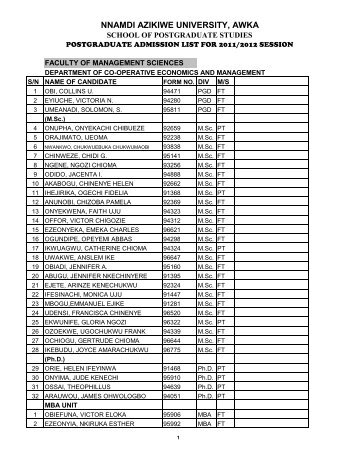 2011-2012 ADMISSTION LIST authentic - Nnamdi Azikiwe University