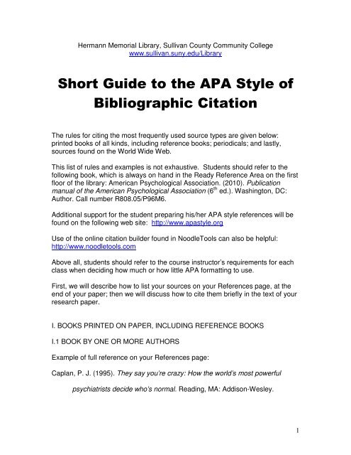 Short Guide to the APA Style of Bibliographic Citation