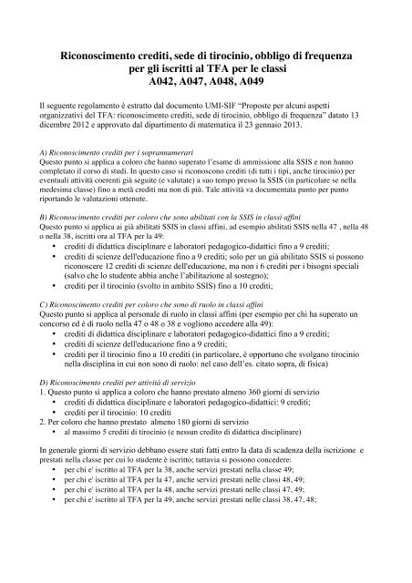 Riconoscimento crediti, sede di tirocinio, obbligo di frequenza.