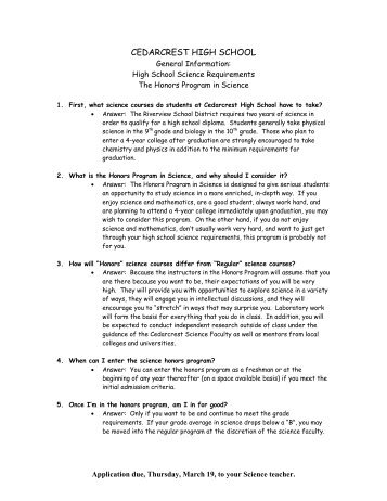 Honors Physical Science - Cedarcrest High School