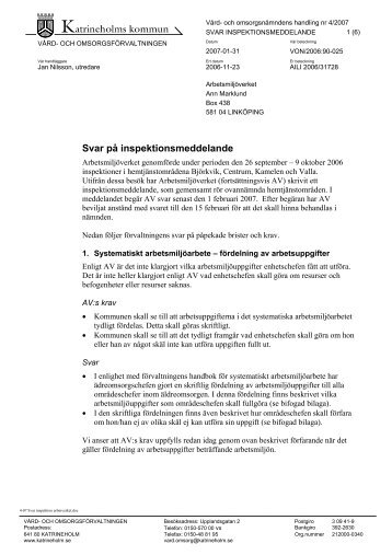 Svar på inspektionsmeddelande - Katrineholms kommun