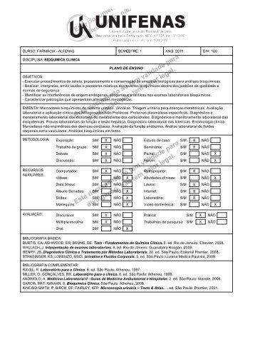 1 ANO: 2011 C/H: 100 DISCIPLINA: BIOQUIMICA CLINICA PLANO ...
