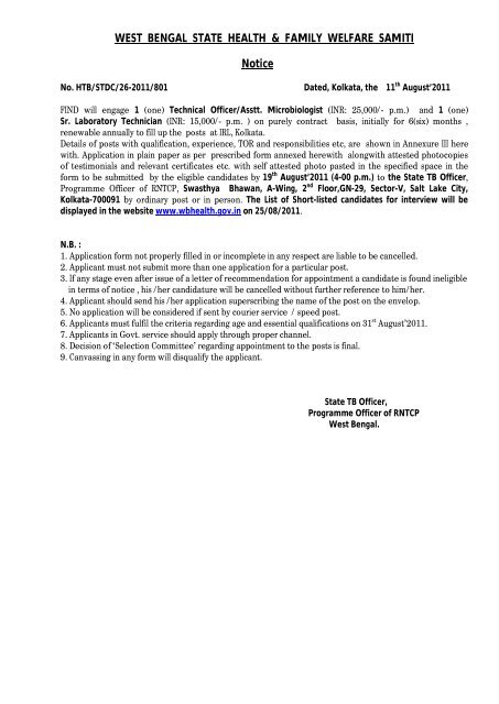 WEST BENGAL STATE HEALTH & FAMILY WELFARE SAMITI Notice