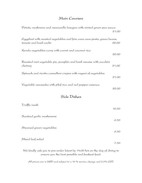 Vegetarian Menu - Mirihi