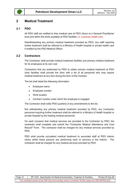 PDO Medical examinations specification SP1230