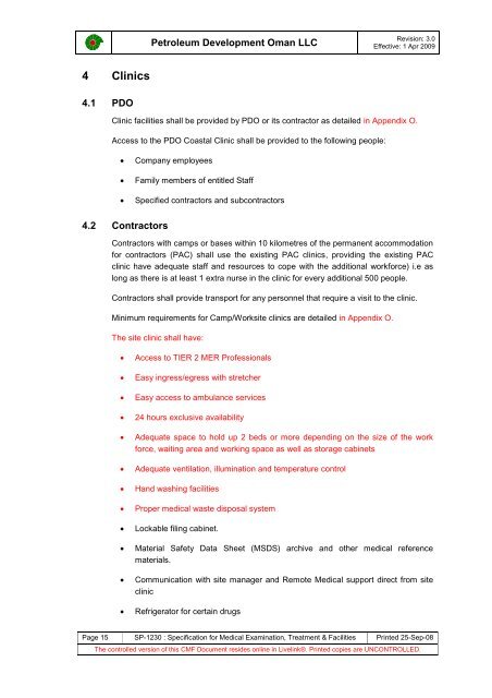 PDO Medical examinations specification SP1230