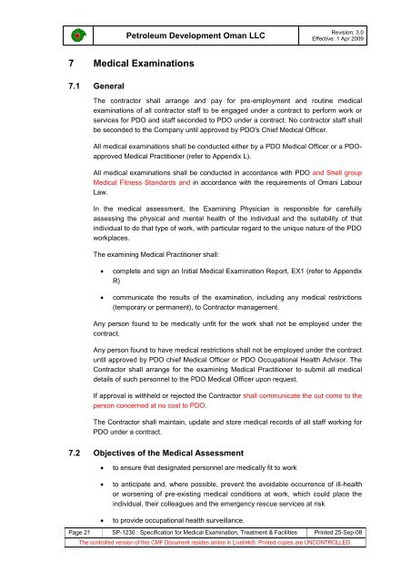 PDO Medical examinations specification SP1230