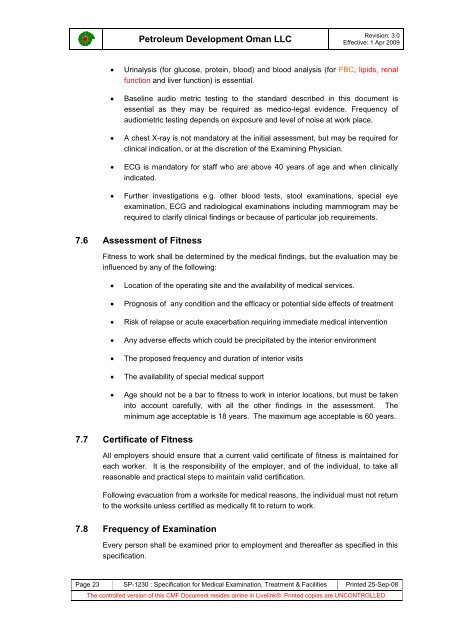 PDO Medical examinations specification SP1230