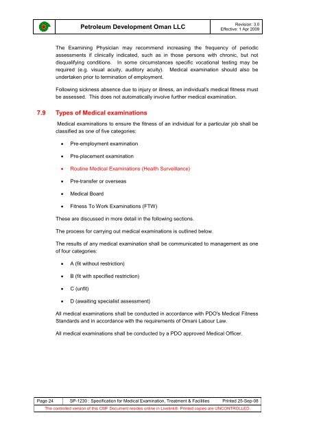 PDO Medical examinations specification SP1230