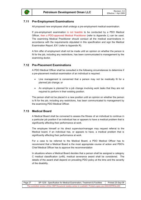 PDO Medical examinations specification SP1230