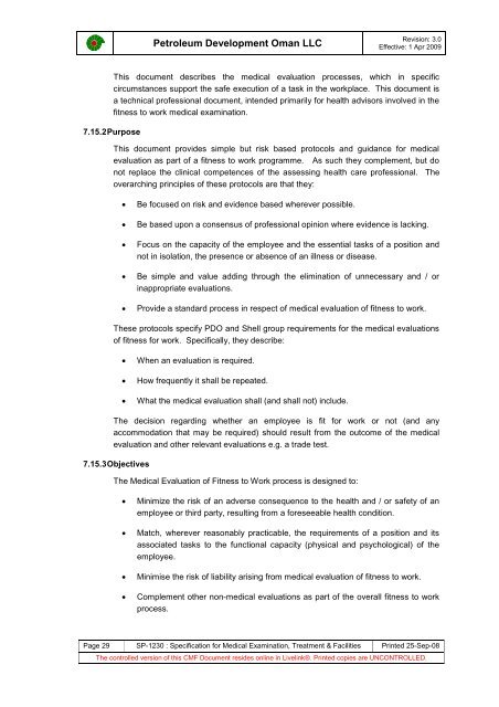 PDO Medical examinations specification SP1230