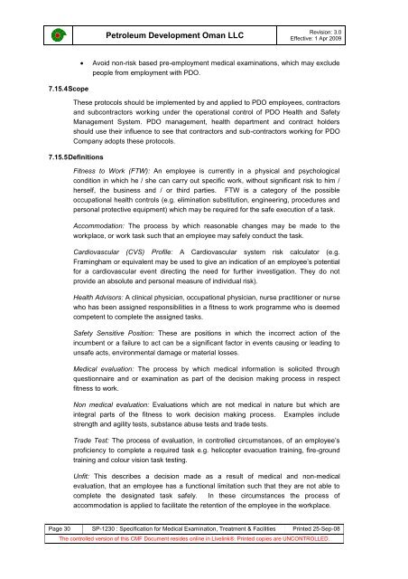 PDO Medical examinations specification SP1230