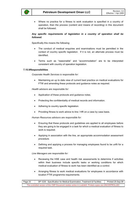 PDO Medical examinations specification SP1230