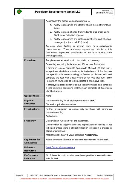 PDO Medical examinations specification SP1230