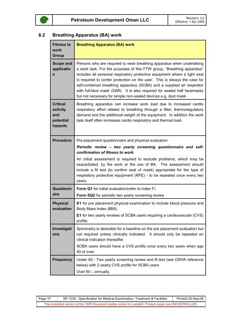 PDO Medical examinations specification SP1230