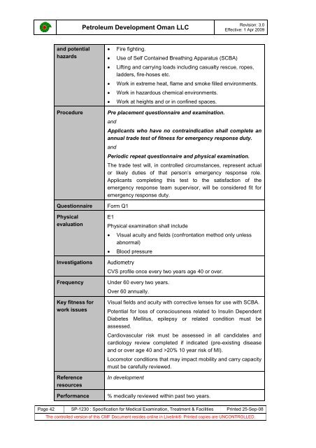 PDO Medical examinations specification SP1230