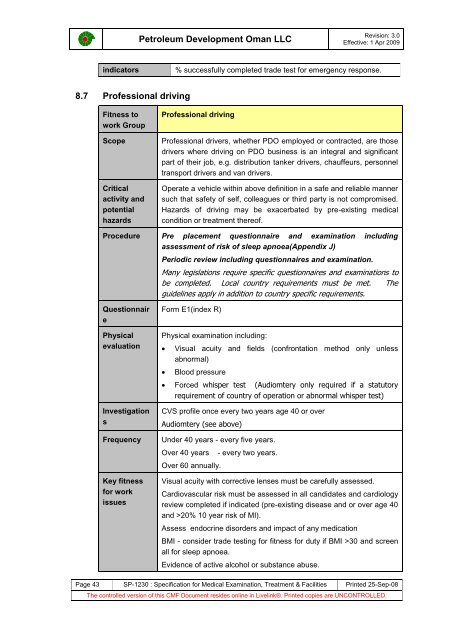 PDO Medical examinations specification SP1230