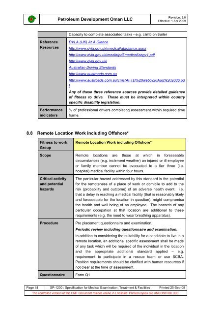 PDO Medical examinations specification SP1230