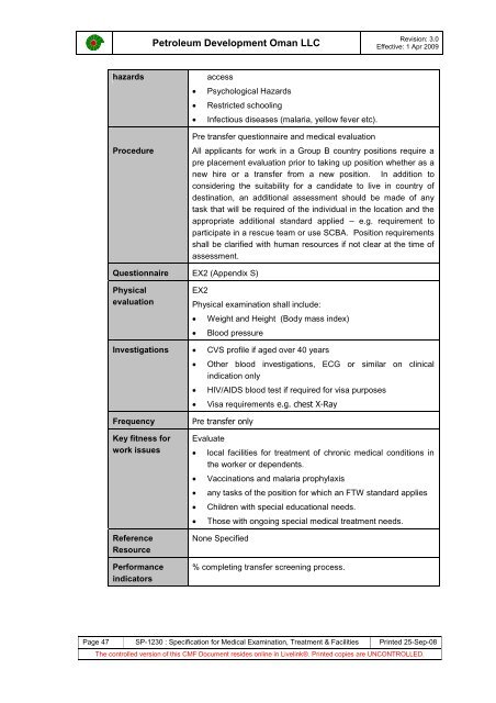 PDO Medical examinations specification SP1230