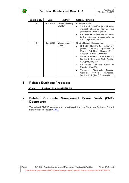 PDO Medical examinations specification SP1230