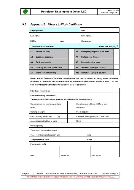 PDO Medical examinations specification SP1230