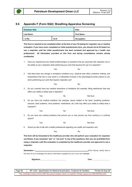 PDO Medical examinations specification SP1230