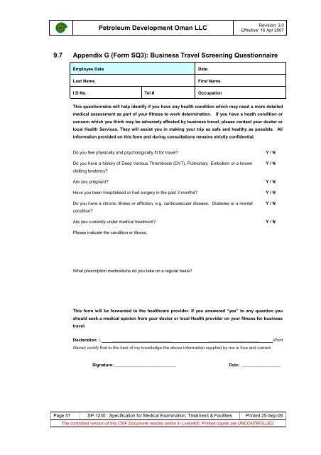 PDO Medical examinations specification SP1230