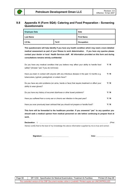 PDO Medical examinations specification SP1230