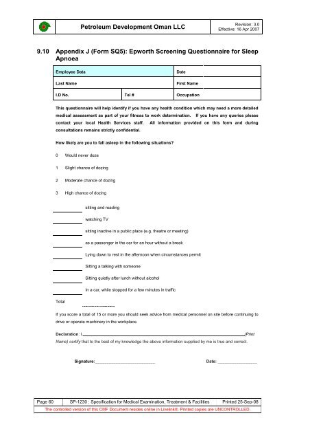 PDO Medical examinations specification SP1230