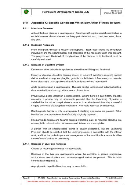 PDO Medical examinations specification SP1230