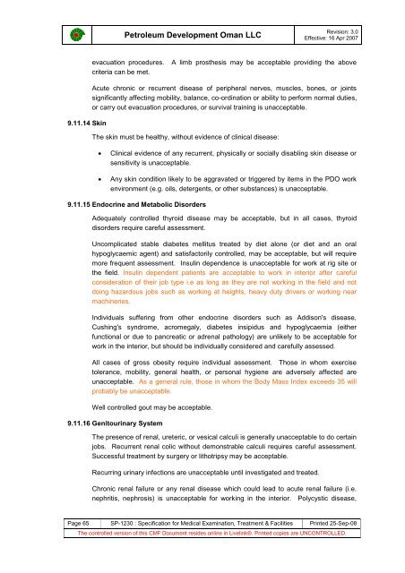 PDO Medical examinations specification SP1230