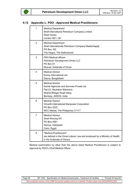 PDO Medical examinations specification SP1230