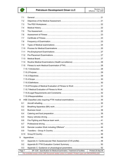 PDO Medical examinations specification SP1230