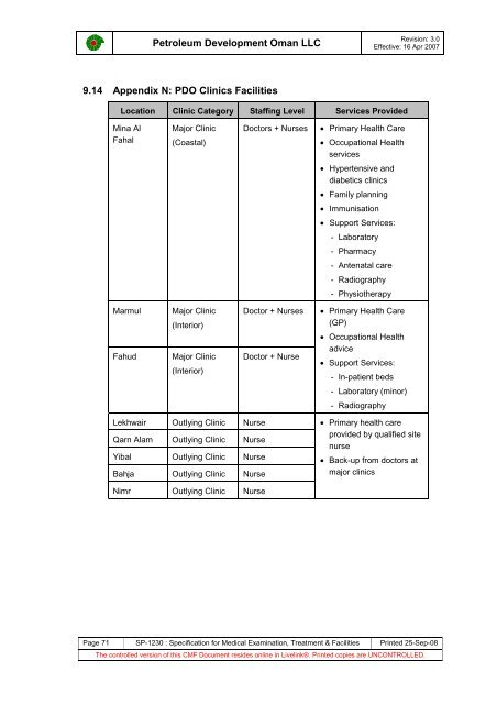 PDO Medical examinations specification SP1230