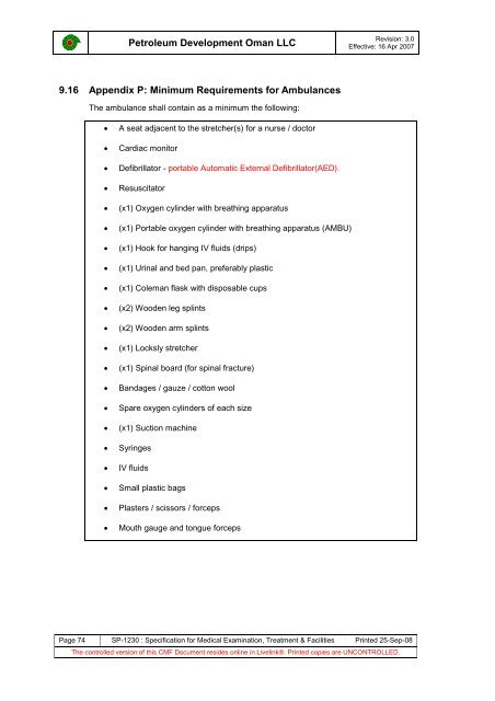 PDO Medical examinations specification SP1230