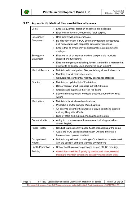 PDO Medical examinations specification SP1230