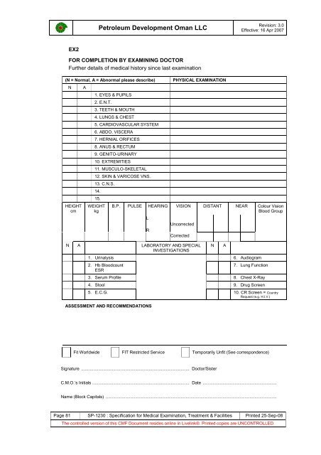 PDO Medical examinations specification SP1230