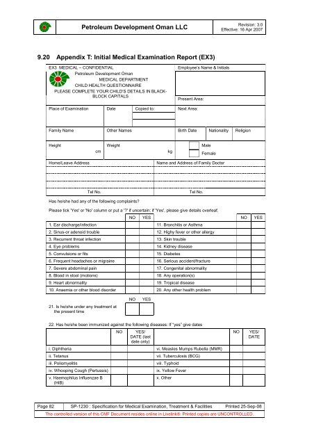 PDO Medical examinations specification SP1230