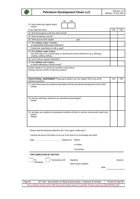 PDO Medical examinations specification SP1230