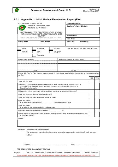 PDO Medical examinations specification SP1230