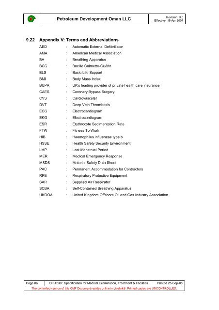 PDO Medical examinations specification SP1230